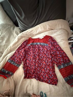 LOFT Red Printed Long Sleeve Blouse with Blue Accents